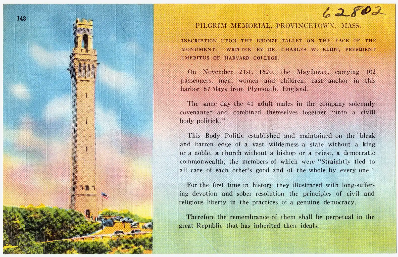 The granite tower of the Pilgrim Monument rising above Provincetown's rooftops beside the harbour
